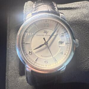 David Yurman Silver Dial 3 Hand 38 MM Mens Watch Black Leather Band‎ Swiss Made